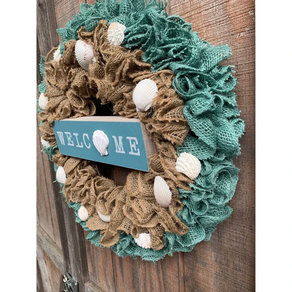 Beachy Coastal WELCOME Wreath Ruffle Aqua/Natural Bulap & Seashells Handmade New